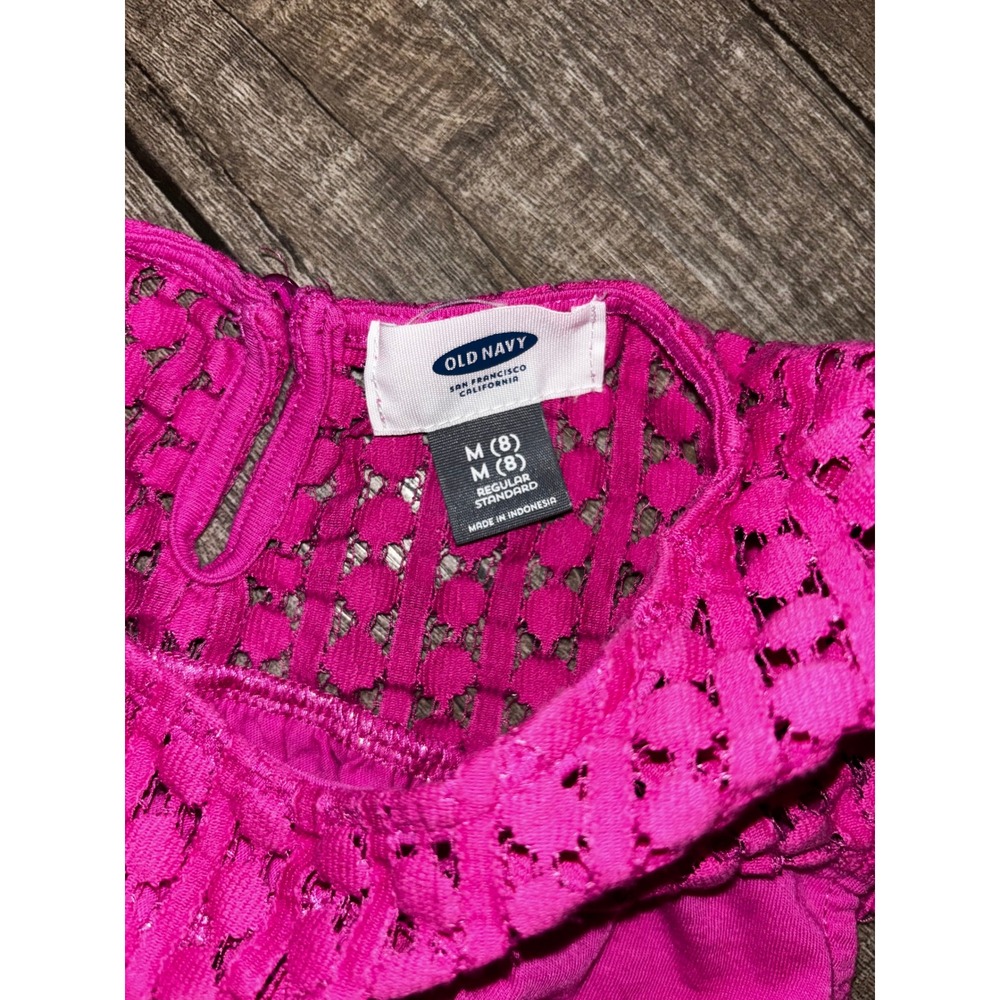 Old Navy Girls Pink Crochet Lace Yoke High Low Cap‎ Sleeve Top Size M 8 - Picture 2 of 3
